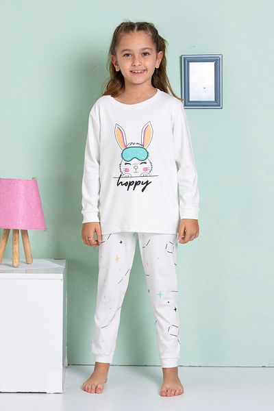 elmas kids Set de pijamale alb 100% bumbac cu model iepure pentru fete și bebeluși