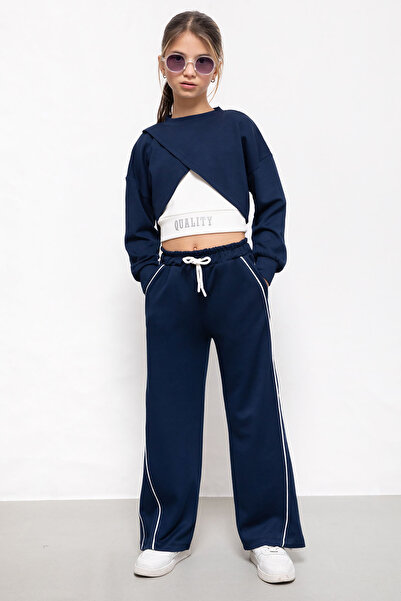 Cansın Mini Navy Blue Stripe Detailed Wide Leg Cropped Girl's 3-Piece Set 19841