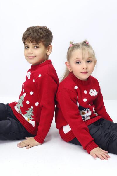 KURGAN TEKSTİL Combinație de fete și băieți, pulover de tricotaj cu decolteu rotund cu tematică de Anul Nou