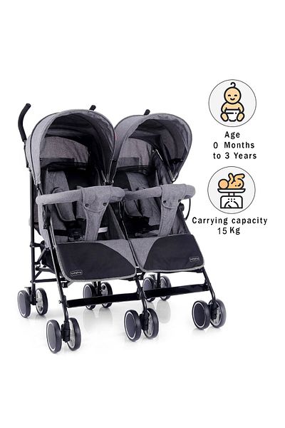 Babyhug عربة أطفال مزدوجة من Babyhug Deuce بنظام تعليق مزدوج وحزام أمان بخمس نقاط ومظلة واقية من الأشعة فوق البنفسجية - من عمر 0 إلى 3 سنوات، باللون الرمادي