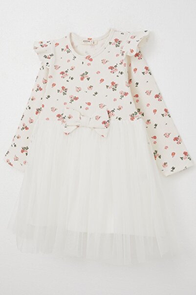 Breeze Kız Çocuk Uzun Kollu Elbise Çiçek Desenli Fiyonklu 3-8 Yaş, Ekru