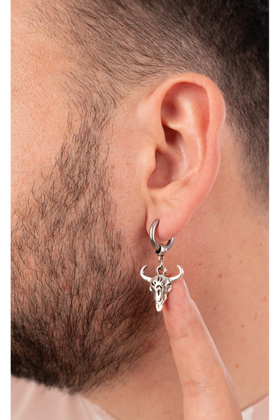 Piercing Market Steel & Silver Erkek Unisex Çelik Takı Sallantılı Boğa Figürlü Halka Model Küpe Paslanma Kararma Yapmaz