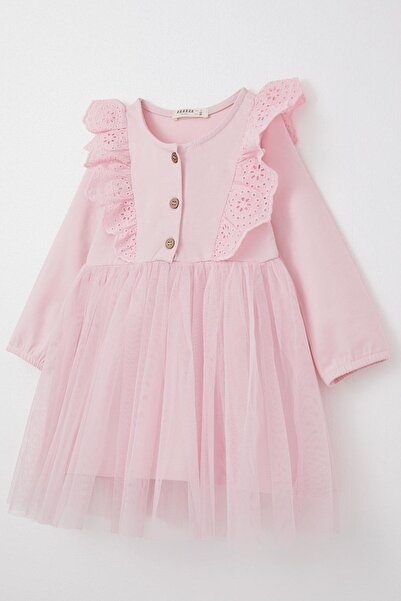 Breeze Kız Çocuk Uzun Kollu Elbise Tüllü Güpürlü 1.5-5 Yaş, Pembe