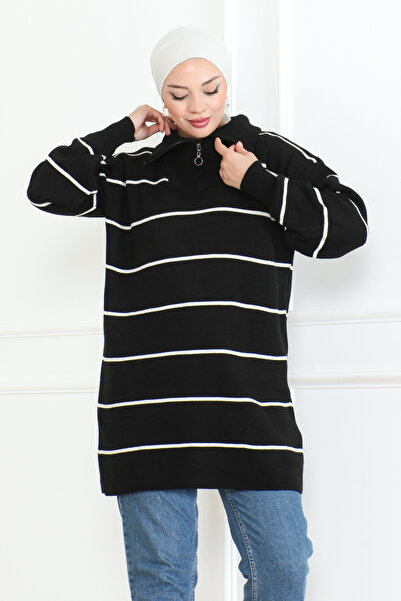 DESTEMODA سترة تريكو مخططة بياقة بسحاب أسود 1004