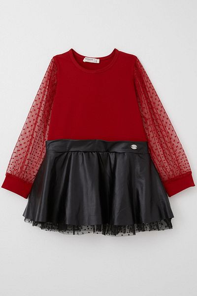 Breeze Girls' Long Sleeve Dress Skirt Part Leather Sleeves Tulle Detailed 3-8 Years, Red