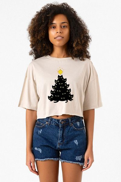 Tshirthane Meowy Christmas Beige Women's Crop T-Shirt