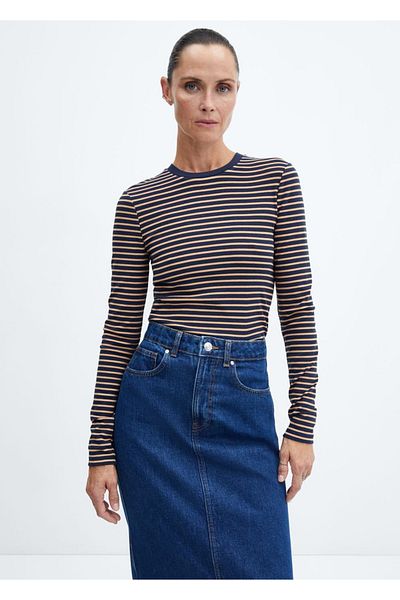 MANGO Woman Tricou cu guler rotund cu dungi