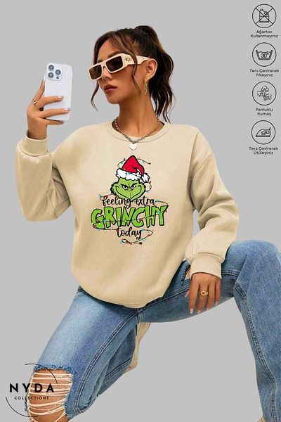Nyda Collections Unisex μακρυμάνικο Feel Grinch Πρωτοχρονιάτικο φούτερ με στάμπα με λαιμόκοψη χωρίς κουκούλα
