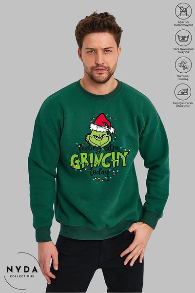 Nyda Collections Unisex μακρυμάνικο Feel Grinch Πρωτοχρονιάτικο φούτερ με στάμπα με λαιμόκοψη χωρίς κουκούλα