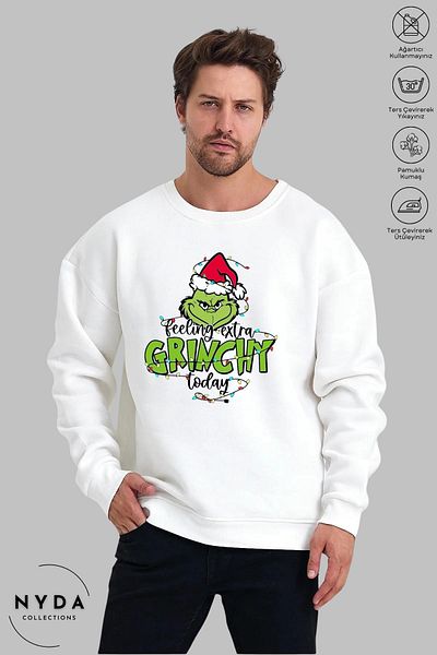 Nyda Collections Hanorac oversize unisex cu mânecă lungă Feel Grinch, cu imprimeu de Anul Nou, cu gâtul turn, fără glugă