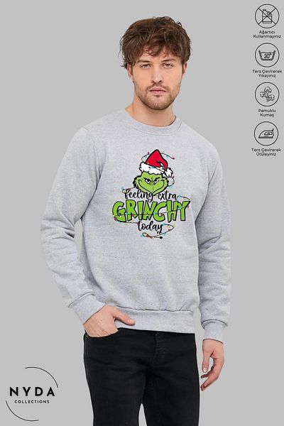 Nyda Collections Унисекс суитшърт с дълъг ръкав, коледен щампа Feel Grinch и кръгло деколте, без качулка и повдигнати елементи