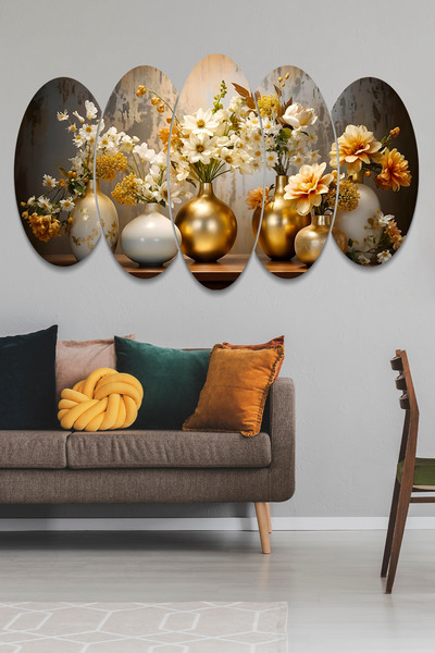 Evinemoda Gold Vazoda Çiçekler 5 Parçalı Mdf Tablo