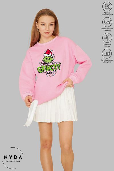 Nyda Collections Unisex μακρυμάνικο Feel Grinch Πρωτοχρονιάτικο φούτερ με στάμπα με λαιμόκοψη χωρίς κουκούλα