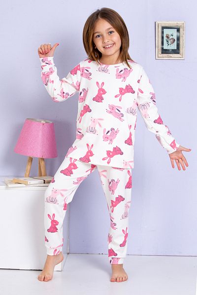 elmas kids Girls and Baby Cute Rabbit Print Ecru-Pink 100% Cotton Pajamas Set