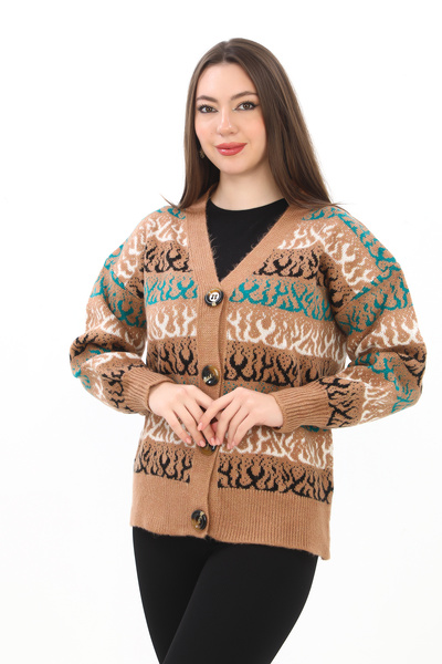 Kayaka triko Flame Patterned Oversize Buttoned Knitted Detailed Knitwear Card...