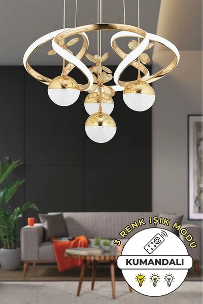 VENON Octavia 3 Color Light Featured Modern Gold Plated Pendant Lamp Led Chandelier - Remote Controlled Living Room Chandelier