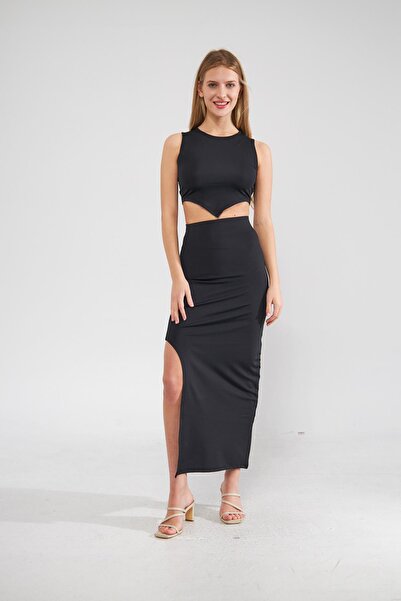 Camenta Siyah Scuba Etek Crop Alt-üst Takım