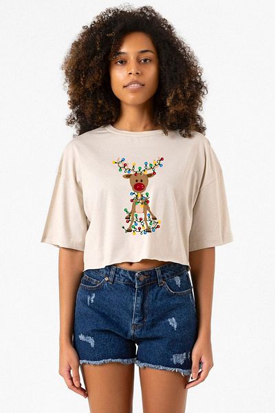 Tshirthane Adorable Reindeer Christmas Beige Women's Crop Tshirt