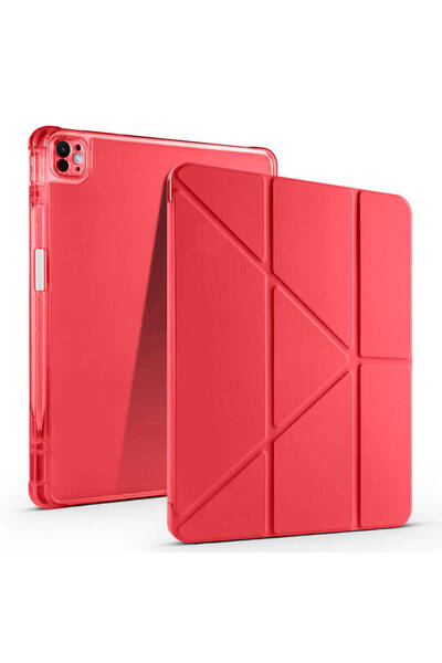HTstore حافظة Zore ثلاثية قابلة للطي مع حامل لجهاز iPad Air 13 2024 - باللون الأحمر