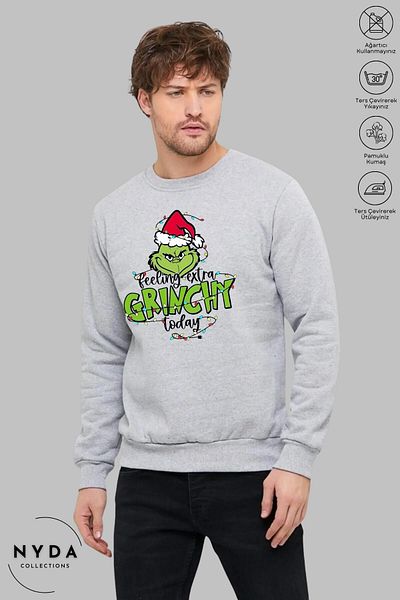 Nyda Collections Унисекс суитшърт с дълъг ръкав, коледен щампа Feel Grinch и кръгло деколте, без качулка и повдигнати елементи