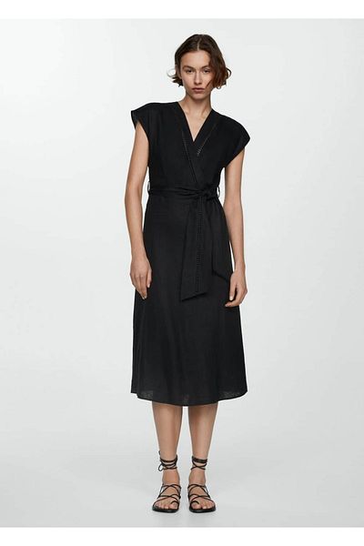 MANGO Woman Λεπτομερές φόρεμα 100% λινό δέσιμο