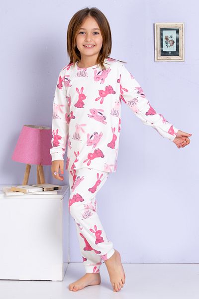 elmas kids Girls and Baby Cute Rabbit Print Ecru-Pink 100% Cotton Pajamas Set