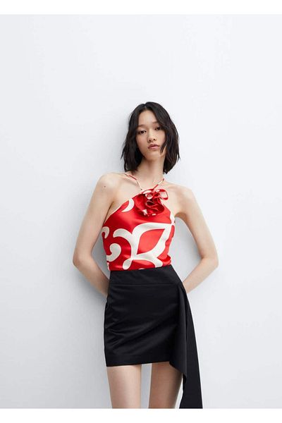 MANGO Woman Decorative Floral Patterned Satin Blouse