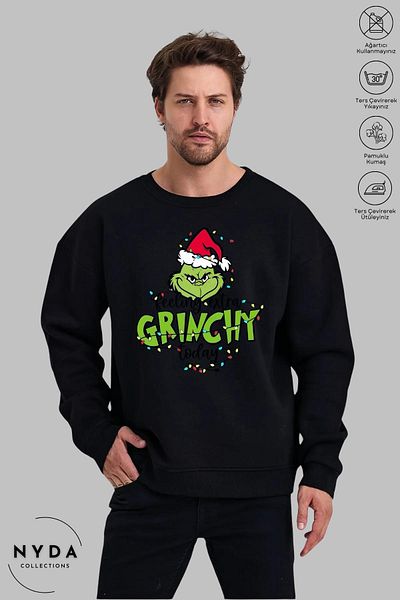 Nyda Collections Hanorac oversize unisex cu mânecă lungă Feel Grinch, cu imprimeu de Anul Nou, cu gâtul turn, fără glugă