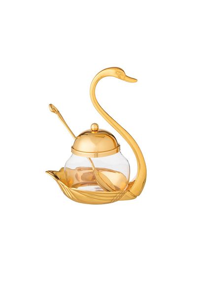 Dania Glass Sugar Bowl With Metal Swan Decorative Holder + Metal Spoon