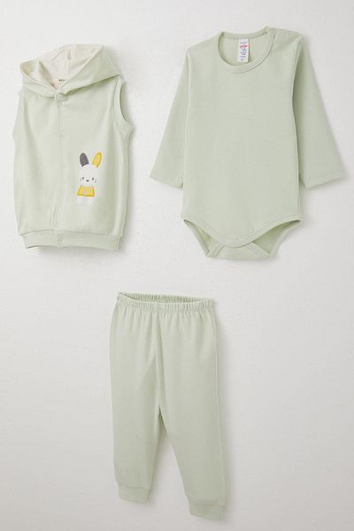 Breeze Water Green 3-Piece Bodysuit Set for Baby Boy - Cute, Embroidered Hoodie, 4 Months-1 Years