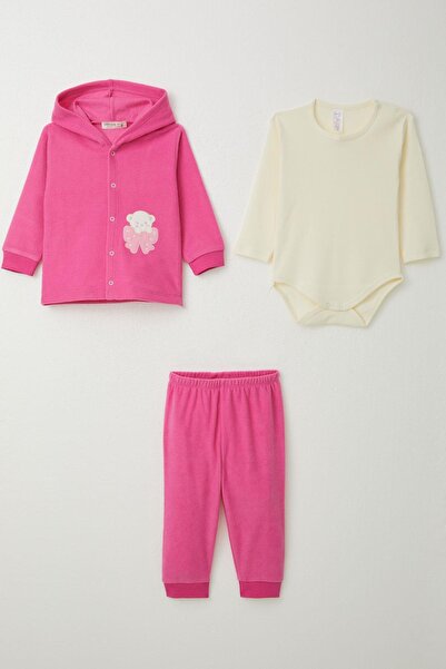 Breeze Kız Bebek Zıbınlı 3 Lü Kadife Takım Sevimli Ayıcık Nakışlı 4 Ay-1 Yaş, Fuşya