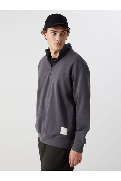 LC Waikiki Anthracite Stand Collar Long Sleeve Printed Men's Sweatshirt