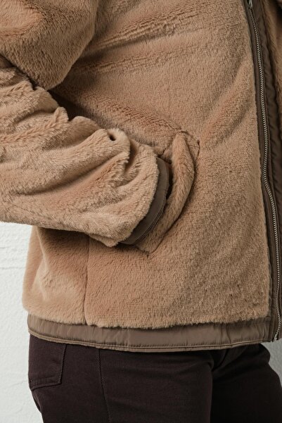 Maule Zamora - Двустранно микро друго, цвят норка, плюшено дамско палто с качулка от изкуствена кожа