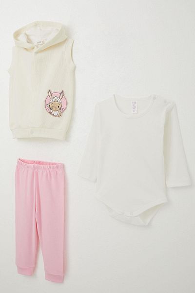 Breeze Baby Girl Bodysuit 3 Piece Set Cute Rabbit Embroidered 4 Months-1 Year Old, Cream