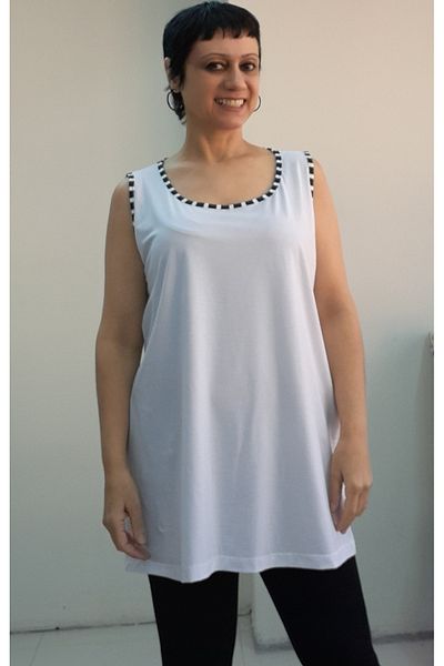 Mertcan Butik White Black and White Piping Detailed Thick Strap Combed Cotton Viscose T-Shirt