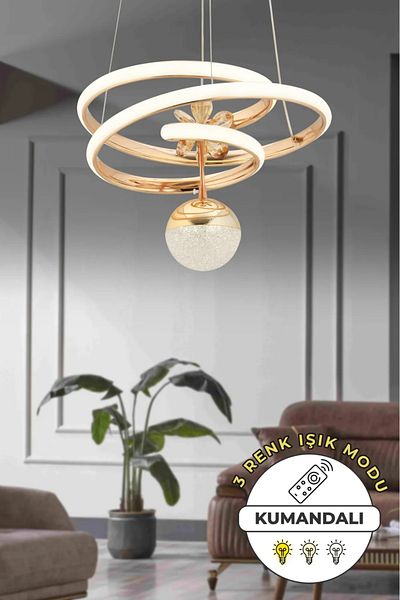 VENON Sara Controlled 3 Color Light Featured Modern Finish Pendant Lamp with Dimmer Led Chandelier Living Room Kitchen Chandelier