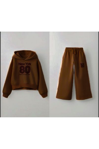 Lolliboomkids New Season Girls' Salmon Brown Color Slogan Lettering New York Printed Trend Tracksuit Set