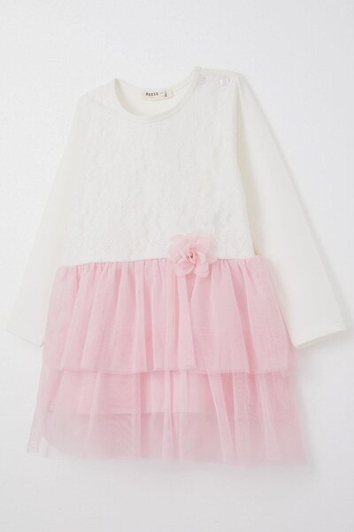 Breeze Kız Bebek Uzun Kollu Elbise Dantelli Tüllü Fiyonk Aksesuarlı 9 Ay-3 Yaş, Beyaz