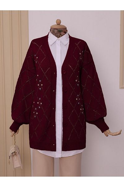 Modamorfo Openwork Floral Embroidered Buttoned Knitwear Cardigan - Burgundy
