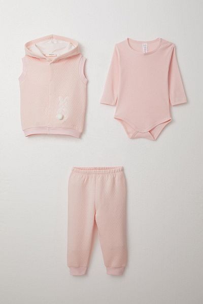 Breeze 3-Piece Embroidery and Pompom Hoodie Set with Bodysuit for 4 Months and 1 Year Old Baby Girl - Powder