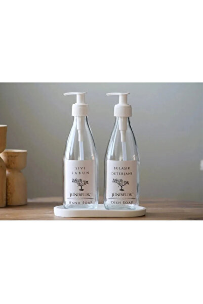 JUIWI 3lü Set Suya Dayanıklı Boş Cam Şişe Bulaşık Deterjanlık Sıvı Sabun 2x330ml Altlık