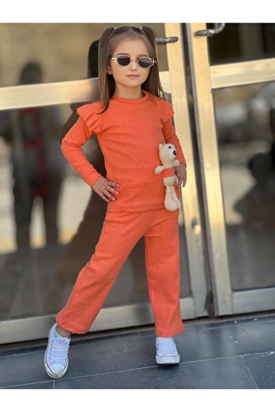 renkli diyar Girl's Top and Bottom Set Long Sleeve Blouse Loose Flared Leg Pants and Teddy Bear Set