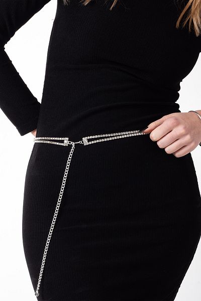 QL ACCESSORY فستان سهرة نسائي مكون من صفين من الكريستال الفضي وحجر الزركون وبنطلون وتنورة وحزام زفاف