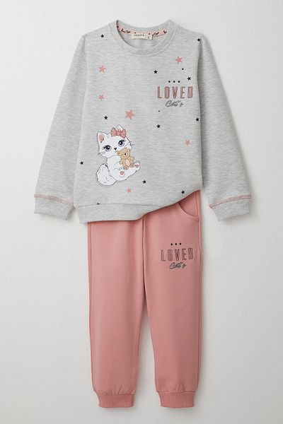Breeze 1.5-5 Years Old Girl's Tracksuit Set - Cute Kitten Printed, Light Gray Melange