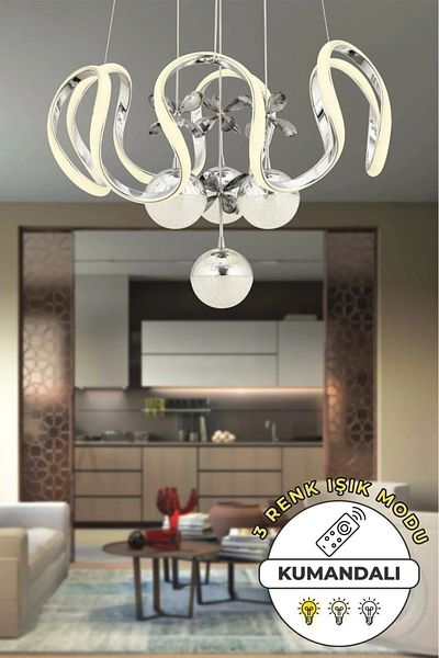 VENON Oliver Controlled 3 Color Light Featured Modern Chrome Plated Pendant Lamp Led Chandelier Living Room Chandelier