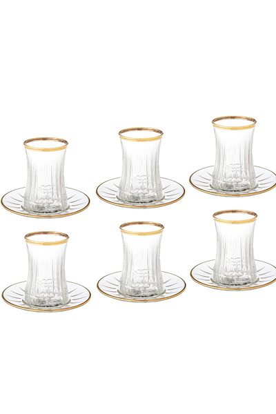 Pasabache Alicia glass tea cup set, 6 cups + 6 saucers, with golden decor
