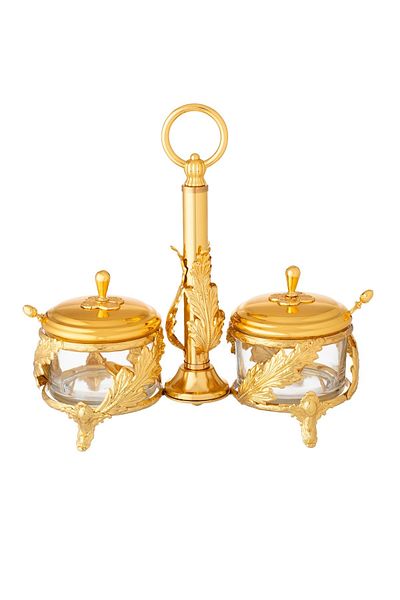Dania Double glass sugar can with a holder with elegant golden metal decor + a metal spoon
