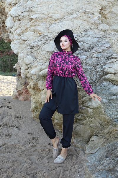 new ats Adjustable Waist Swimsuit Fuchsia Black Top 3 Triple Hijab Spring Pattern