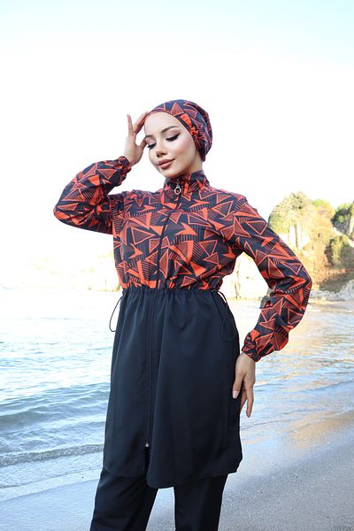 new ats Spring Patterned 3-Piece Hijab Swimsuit with Adjustable Elastic Waist