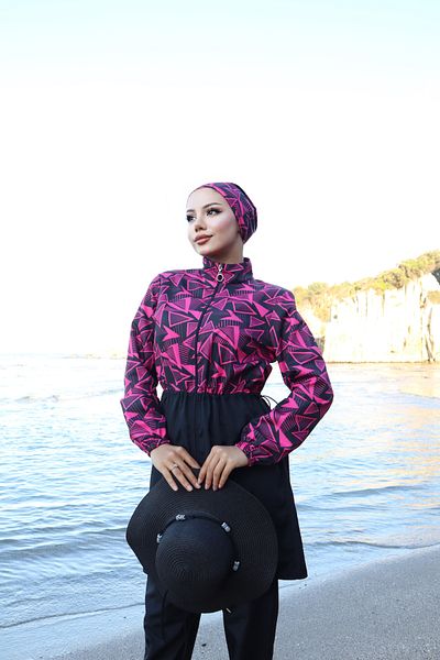 new ats Adjustable Waist Swimsuit Fuchsia Black Top 3 Triple Hijab Spring Pattern